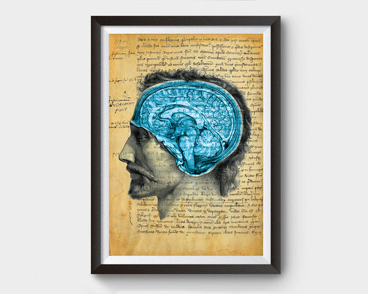 Vintage Head Showcasing Brain with writings of the Black Death Inspired Art Poster