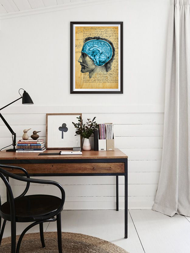 Vintage Head Showcasing Brain with writings of the Black Death Inspired Art Poster