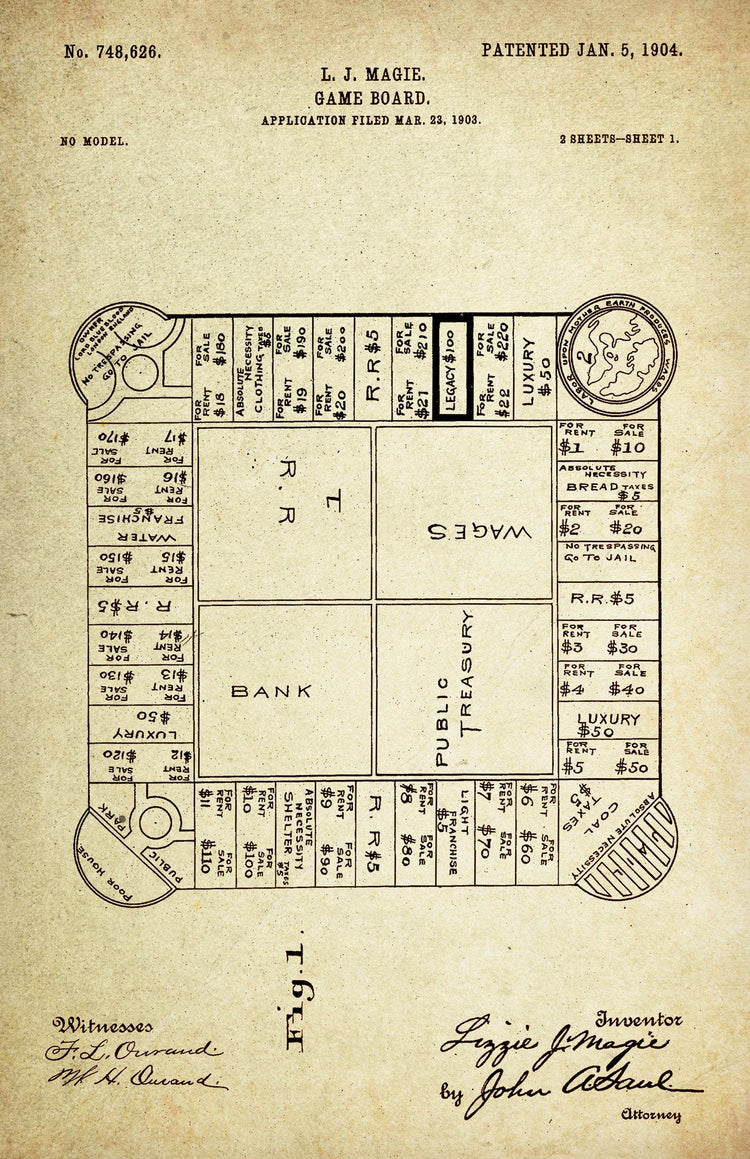 Landlord's Game (Original Monopoly) Patent Poster Wall Decor (Registered in 1903 by L. J. Maggie)