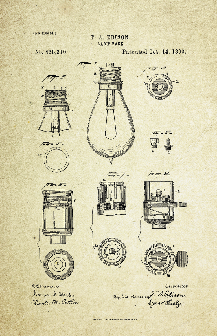 Lamp Base Patent Poster (1890, Thomas Edison)