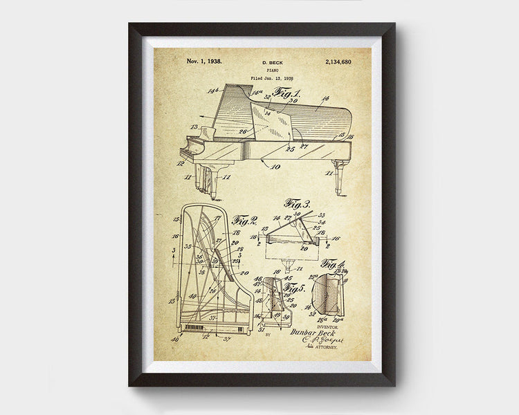 Piano Patent Poster Wall Decor (1938 by D. Beck)