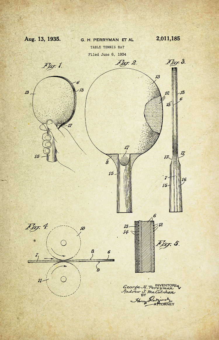 Table Tennis Bat Patent Poster (1935, G.H. Perryman)