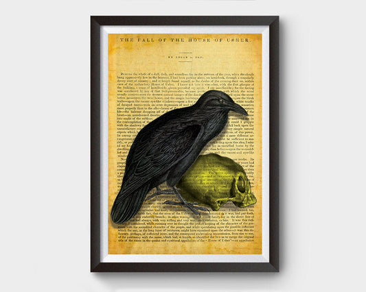 Vintage Raven with Skull, Edgar Allan Poe Inspired Art Poster