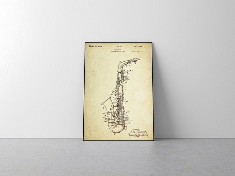 Saxophone Patent Poster Wall Decor (1933 by A. Loomis)