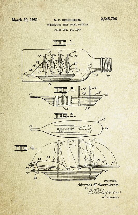 Ship in a Bottle Patent Poster (1951, N.P. Rosenberg)
