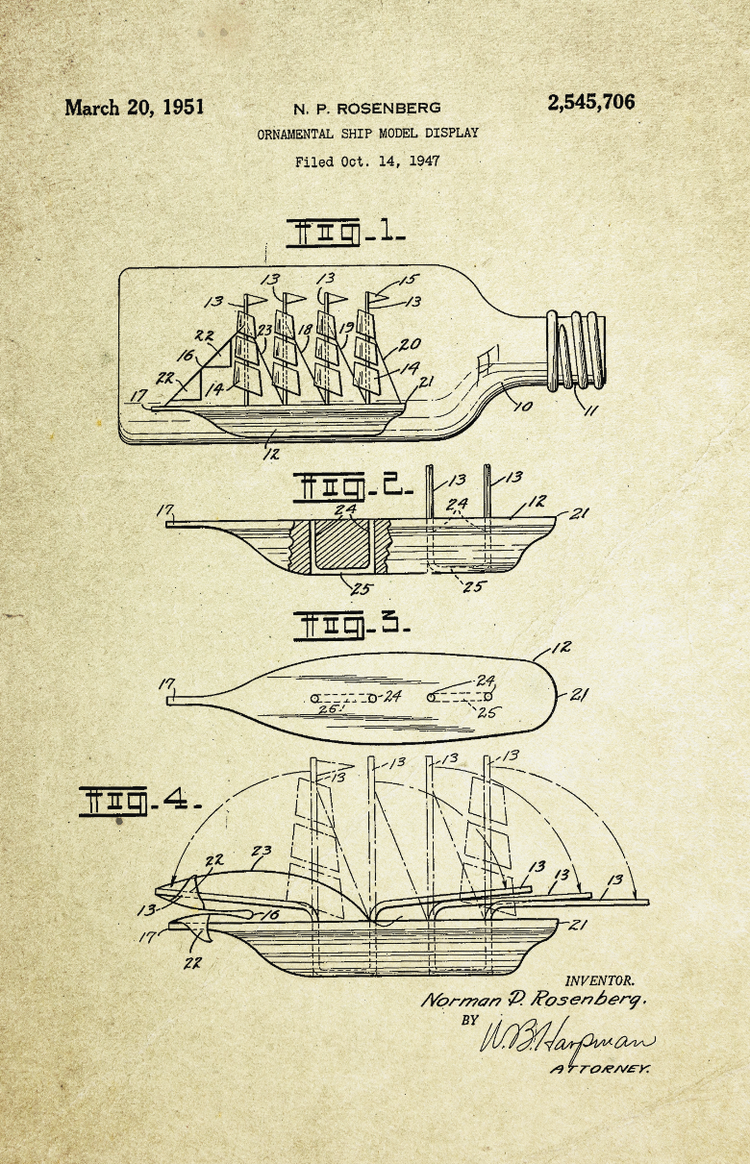 Ship in a Bottle Patent Poster (1951, N.P. Rosenberg)