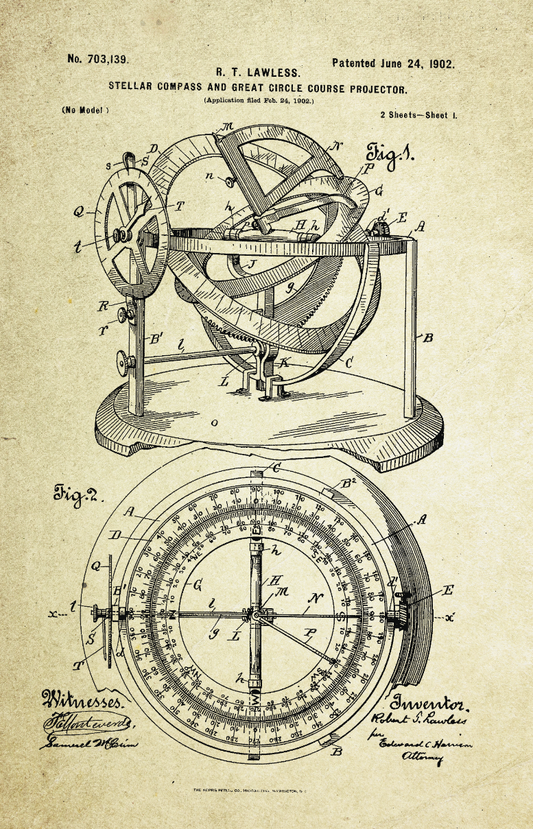 Stellar Compass & Great Circle Course Projector Patent Poster (1902, R.T. Lawless)