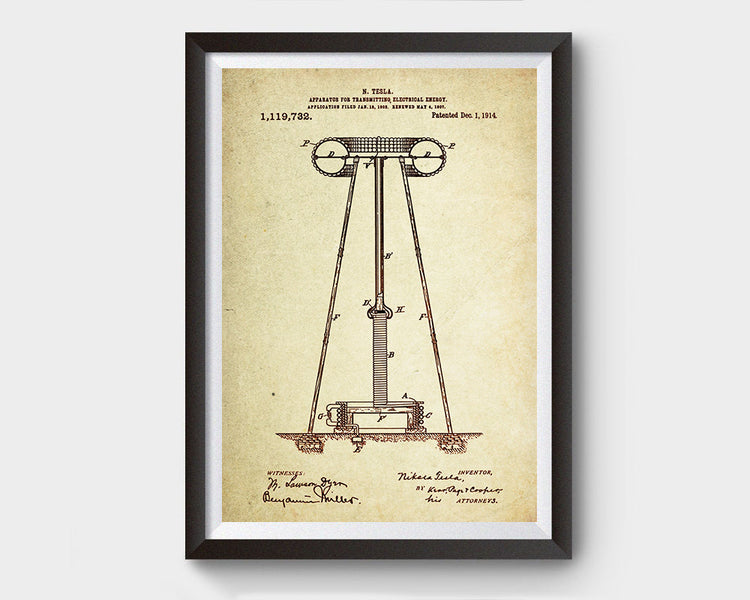 Apparatus For Transmitting Electrical Energy Patent Poster Wall Decor (1914 by Nikola Tesla)