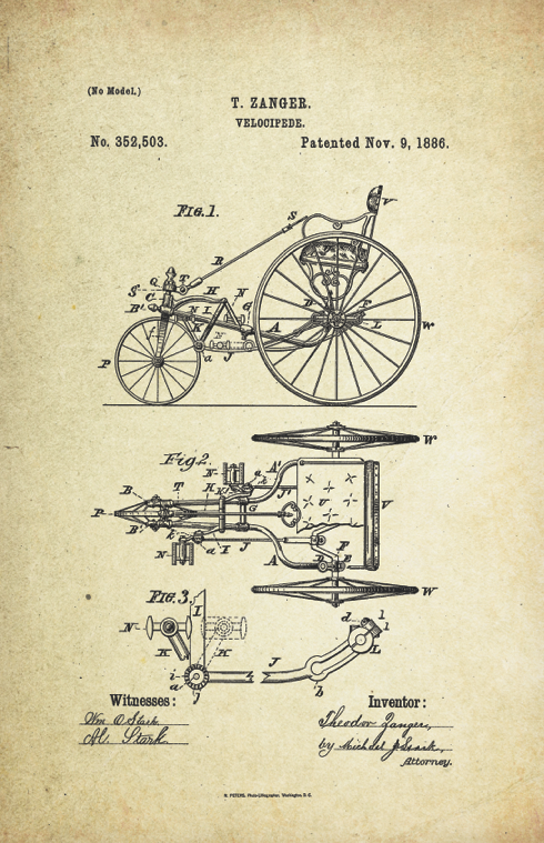 Velocipede Patent Poster (1886, T. Zanger)