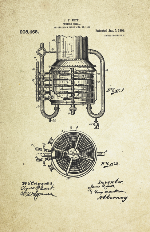 Whiskey Still Patent Poster (1909, J. F. Jett)